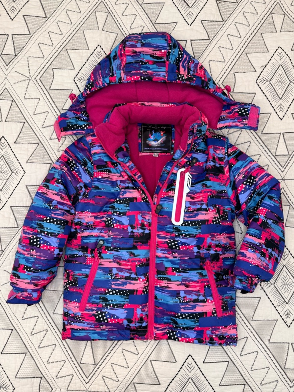 Kids Bright Patterned Puffer Ski Jacket with Hood